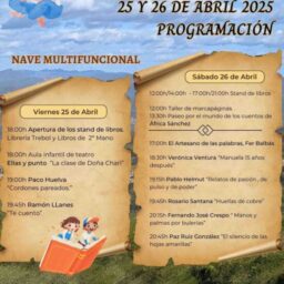 FERIA DEL LIBRO. Puestos de libros, 18h-21h. Teatro: La clase de Doña Chari Ellas y Punto. 18h. Teatro: Cordones pareados Paco Huelva. 19h. ‘Te cuento’. Ramón Llanes. 19:45h